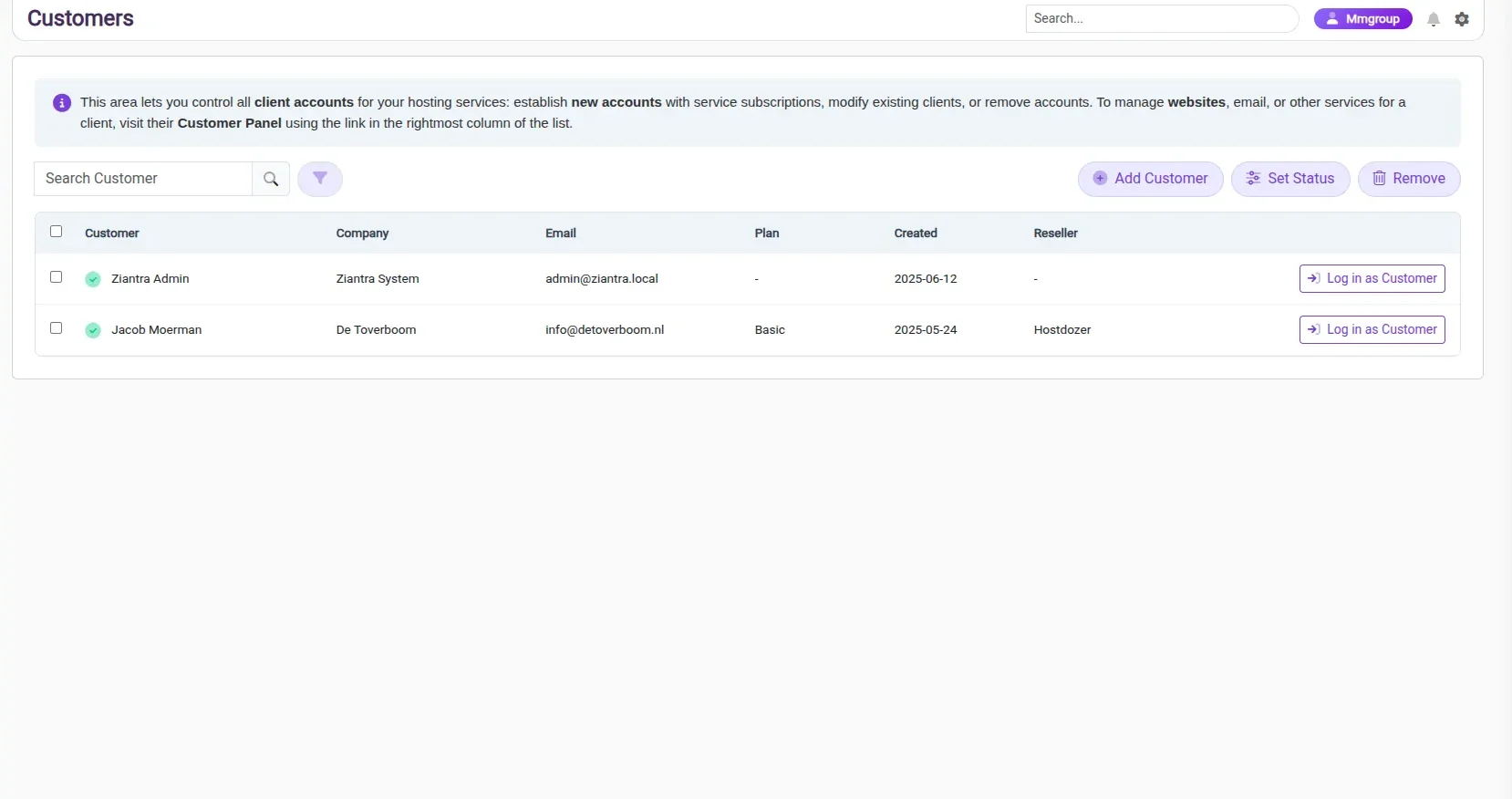 Ziantra customer accounts list showing company, email, plan and reseller