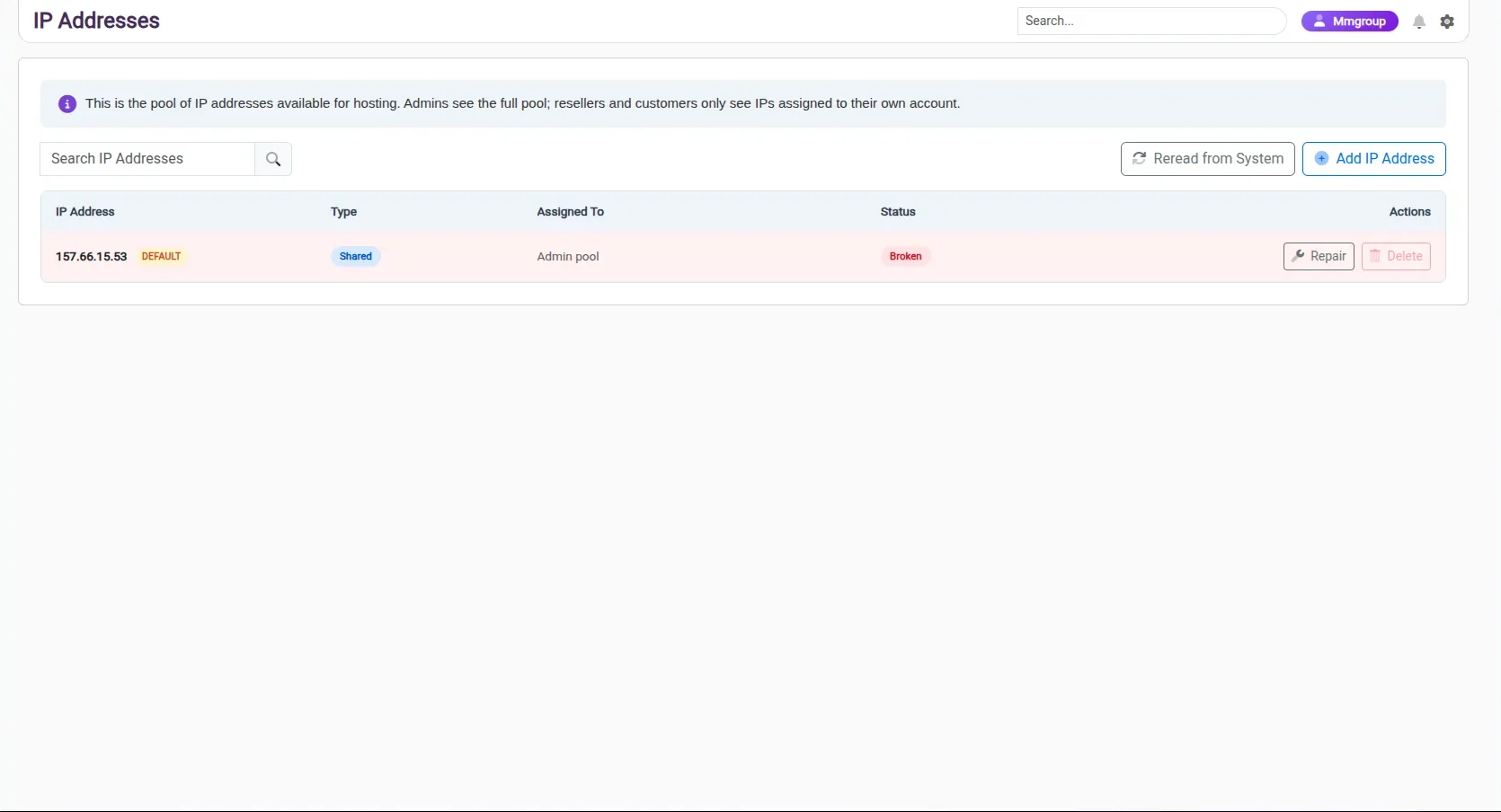 Ziantra IP address pool showing type, assignment and status